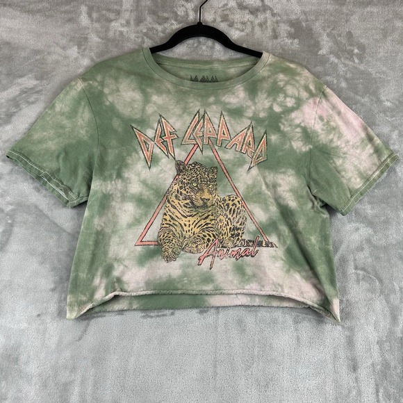 Def Leppard Tops - Def Leppard Crop T-Shirt Women's S / M Green Tie-Dye Graphic Print Short Sleeve